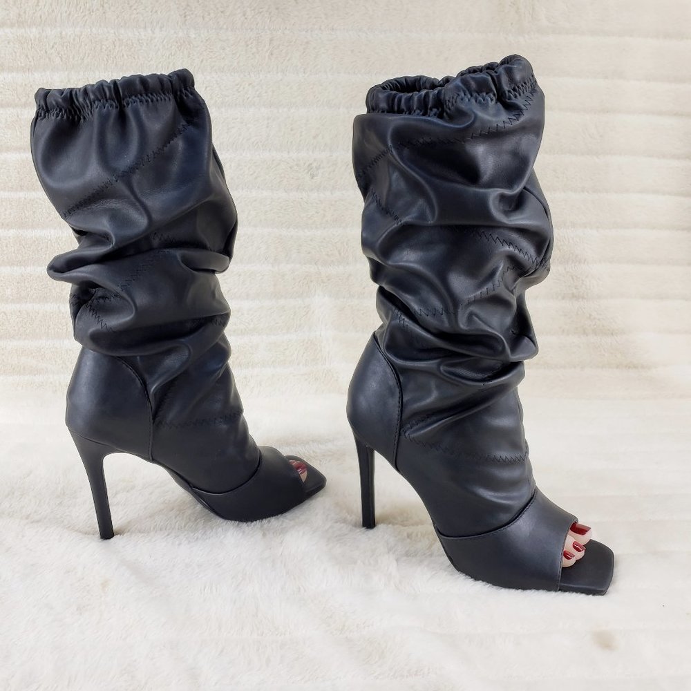 Black Square toe Scrunch Slouch Mid Calf Pull On Heeled boots Resto… - Picture 4 of 15